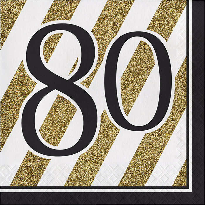 Bulk Black and Gold 80th Birthday Luncheon Napkins (192 per Case)