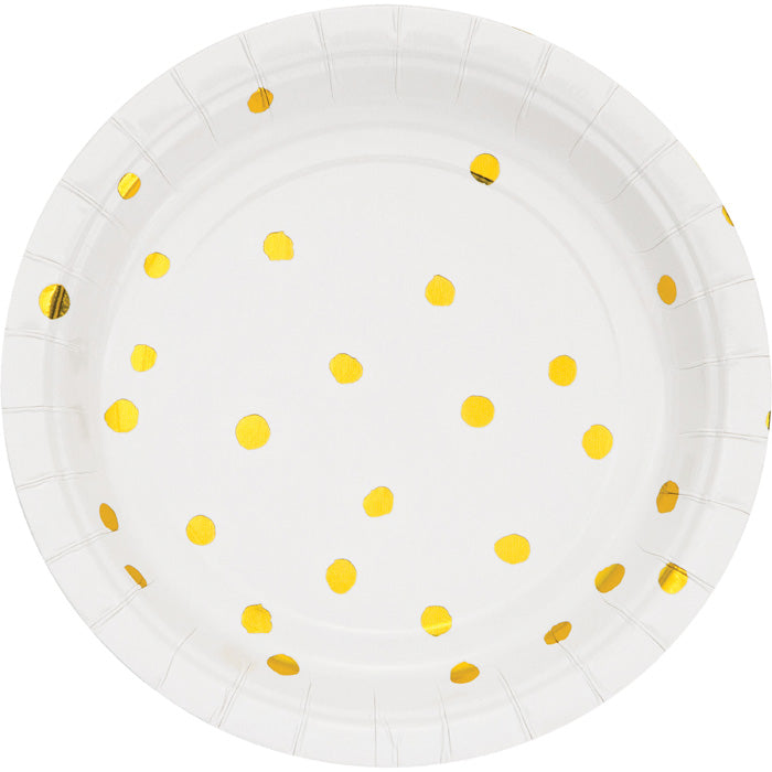 Bulk White and Gold Foil Dot Paper Dessert Plates (96 per Case)