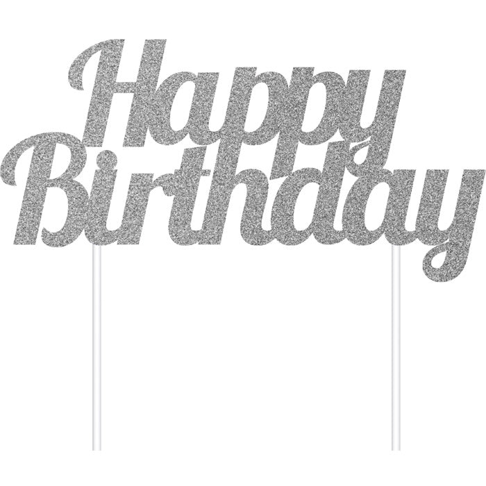 Bulk Silver Glitter Happy Birthday Cake Toppers (12 per Case)