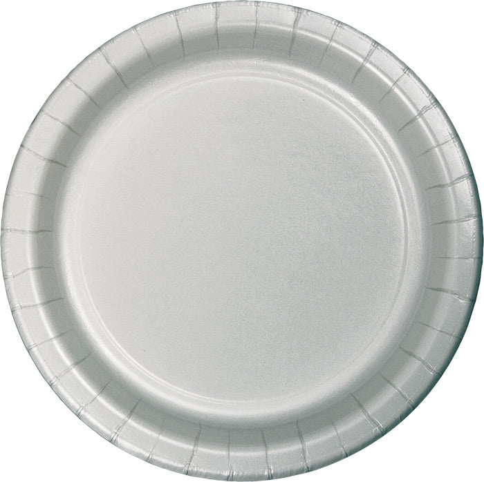 Bulk Shimmering Silver Paper 6.75 inch Dessert Plates (240 per Case)