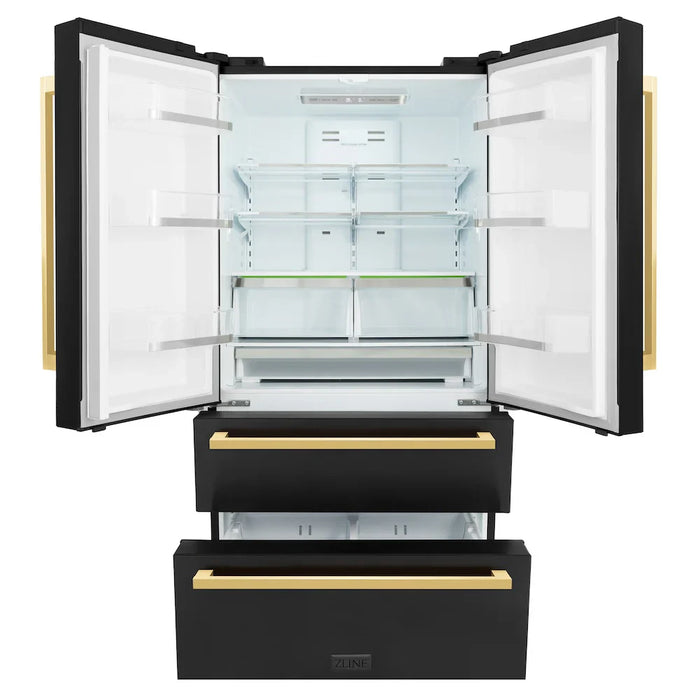 ZLINE Autograph Edition 36" 4-Door French Door Refrigerator, Ice Maker, Black Stainless Steel, Polished Gold Square Handles RFMZ-36-BS-FG