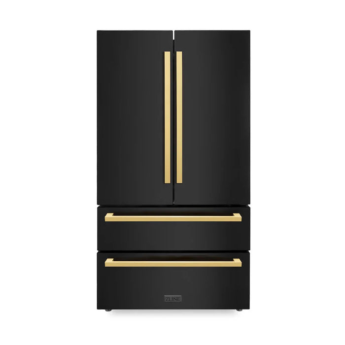 ZLINE Autograph Edition 36" 4-Door French Door Refrigerator, Ice Maker, Black Stainless Steel, Polished Gold Square Handles RFMZ-36-BS-FG
