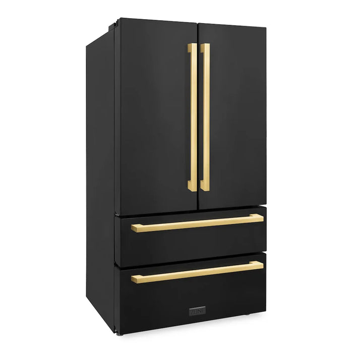 ZLINE Autograph Edition 36" 4-Door French Door Refrigerator, Ice Maker, Black Stainless Steel, Polished Gold Square Handles RFMZ-36-BS-FG