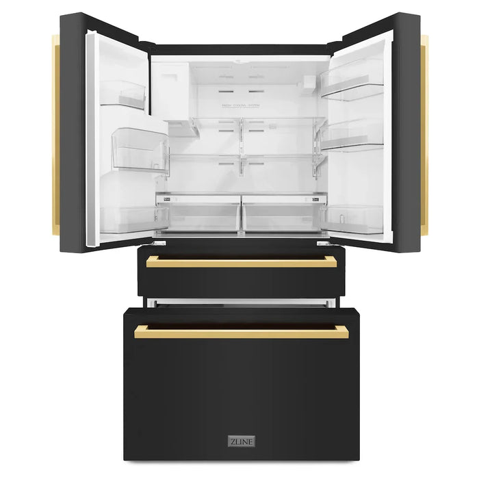 ZLINE Autograph Edition 36" 4-Door French Door Refrigerator, Water, Ice Dispenser, Black Stainless Steel, Polished Gold Square Handles RFMZ-W-36-BS-FG
