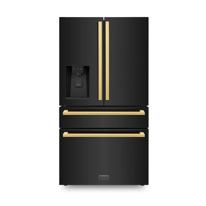 ZLINE Autograph Edition 36" 4-Door French Door Refrigerator, Water, Ice Dispenser, Black Stainless Steel, Polished Gold Square Handles RFMZ-W-36-BS-FG