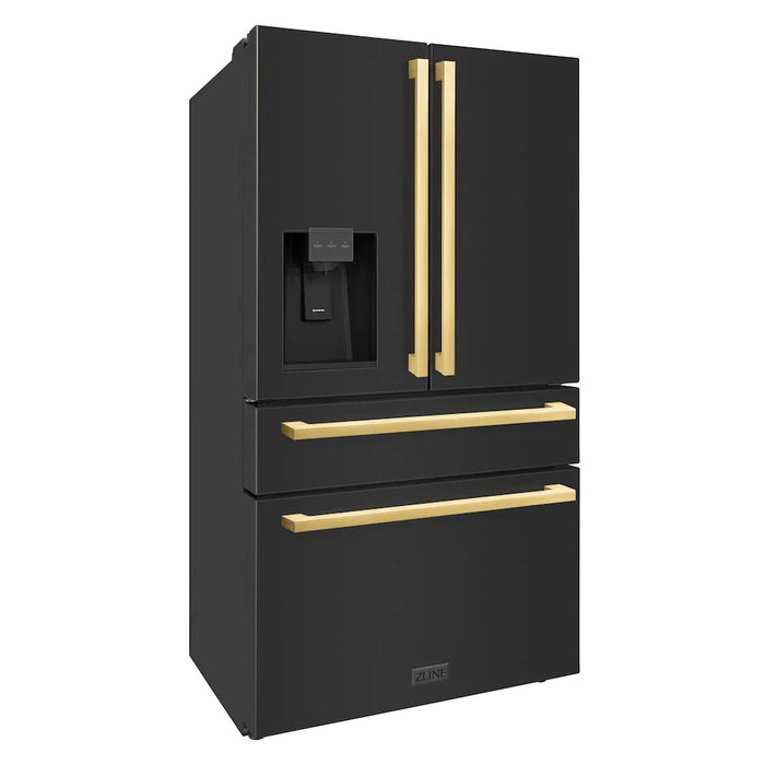 ZLINE Autograph Edition 36" 4-Door French Door Refrigerator, Water, Ice Dispenser, Black Stainless Steel, Polished Gold Square Handles RFMZ-W-36-BS-FG