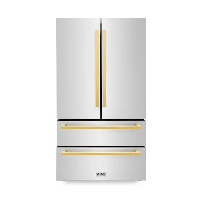 ZLINE Autograph Edition 36" 4-Door French Door Refrigerator, Ice Maker, Stainless Steel, Polished Gold Square Handles RFMZ-36-FG