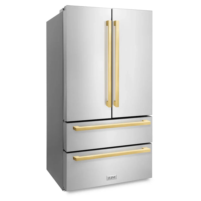 ZLINE Autograph Edition 36" 4-Door French Door Refrigerator, Ice Maker, Stainless Steel, Polished Gold Square Handles RFMZ-36-FG