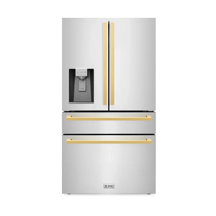 ZLINE Autograph Edition 36" 4-Door French Door Refrigerator, Water, Ice Dispenser, Stainless Steel, Polished Gold Square Handles RFMZ-W-36-FG