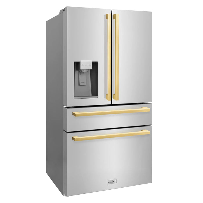 ZLINE Autograph Edition 36" 4-Door French Door Refrigerator, Water, Ice Dispenser, Stainless Steel, Polished Gold Square Handles RFMZ-W-36-FG