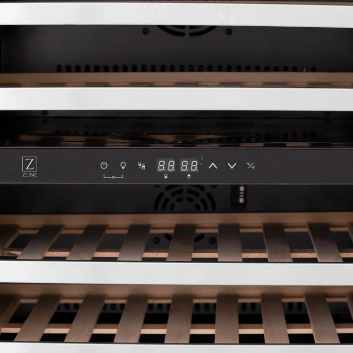 ZLINE 24" Autograph Edition Dual Zone 44-Bottle Wine Cooler in Stainless Steel with Wood Shelf and Champagne Bronze Accents RWV-UD-24-CB