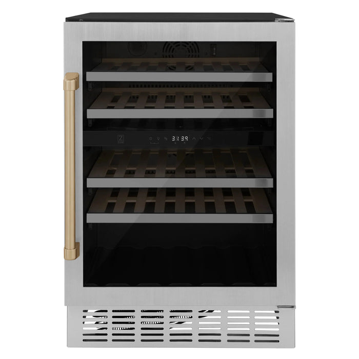 ZLINE 24" Autograph Edition Dual Zone 44-Bottle Wine Cooler in Stainless Steel with Wood Shelf and Champagne Bronze Accents RWV-UD-24-CB