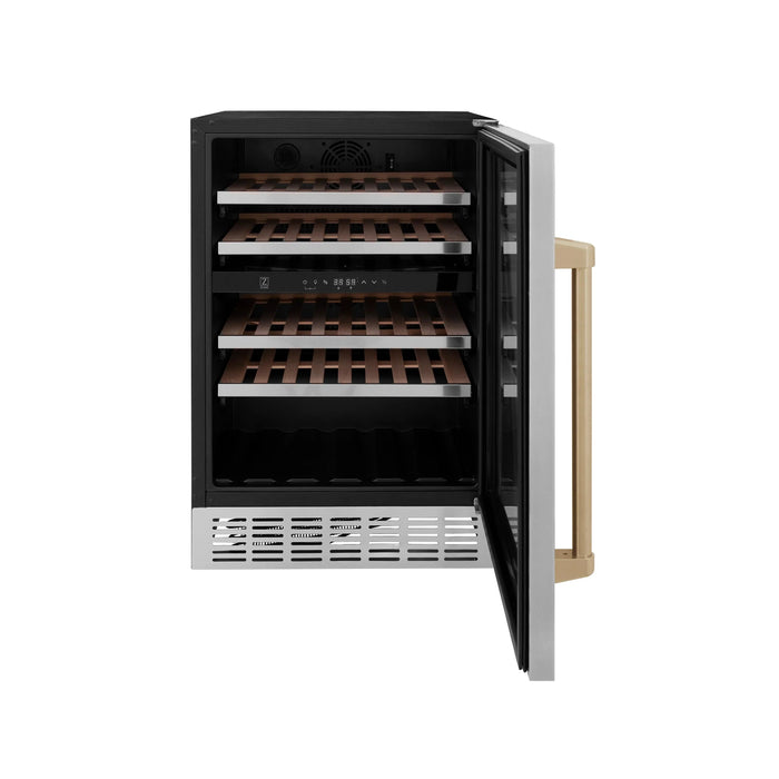ZLINE 24" Autograph Edition Dual Zone 44-Bottle Wine Cooler in Stainless Steel with Wood Shelf and Champagne Bronze Accents RWV-UD-24-CB