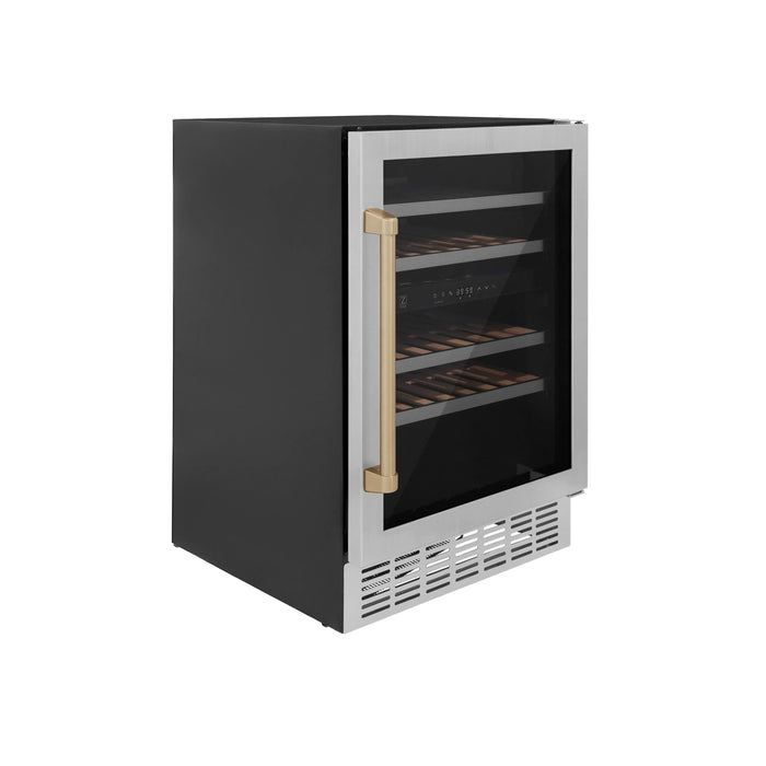 ZLINE 24" Autograph Edition Dual Zone 44-Bottle Wine Cooler in Stainless Steel with Wood Shelf and Champagne Bronze Accents RWV-UD-24-CB
