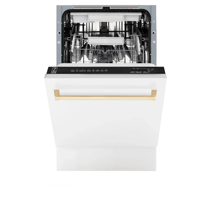 ZLINE 18"Autograph Dishwasher, White door, Gold Handle, DWVZ-WM-18-G