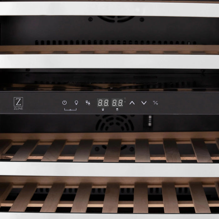 ZLINE 24" Autograph Edition Dual Zone 44-Bottle Wine Cooler in Stainless Steel with Wood Shelf and Gold Accents RWVZ-UD-24-G