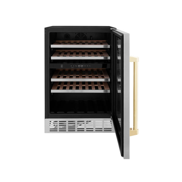 ZLINE 24" Autograph Edition Dual Zone 44-Bottle Wine Cooler in Stainless Steel with Wood Shelf and Gold Accents RWVZ-UD-24-G
