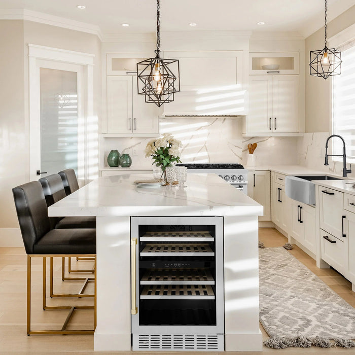 ZLINE 24" Autograph Edition Dual Zone 44-Bottle Wine Cooler in Stainless Steel with Wood Shelf and Gold Accents RWVZ-UD-24-G