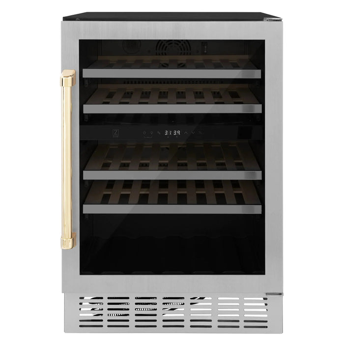 ZLINE 24" Autograph Edition Dual Zone 44-Bottle Wine Cooler in Stainless Steel with Wood Shelf and Gold Accents RWVZ-UD-24-G