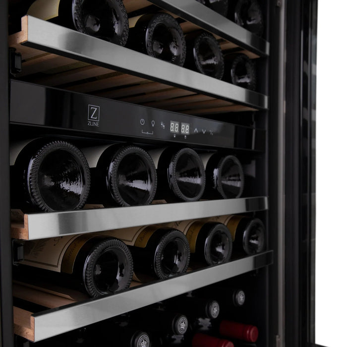 ZLINE 24" Autograph Edition Dual Zone 44-Bottle Wine Cooler in Stainless Steel with Wood Shelf and Gold Accents RWVZ-UD-24-G