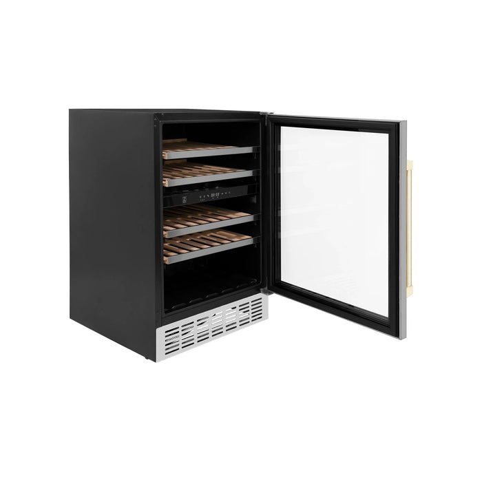 ZLINE 24" Autograph Edition Dual Zone 44-Bottle Wine Cooler in Stainless Steel with Wood Shelf and Gold Accents RWVZ-UD-24-G