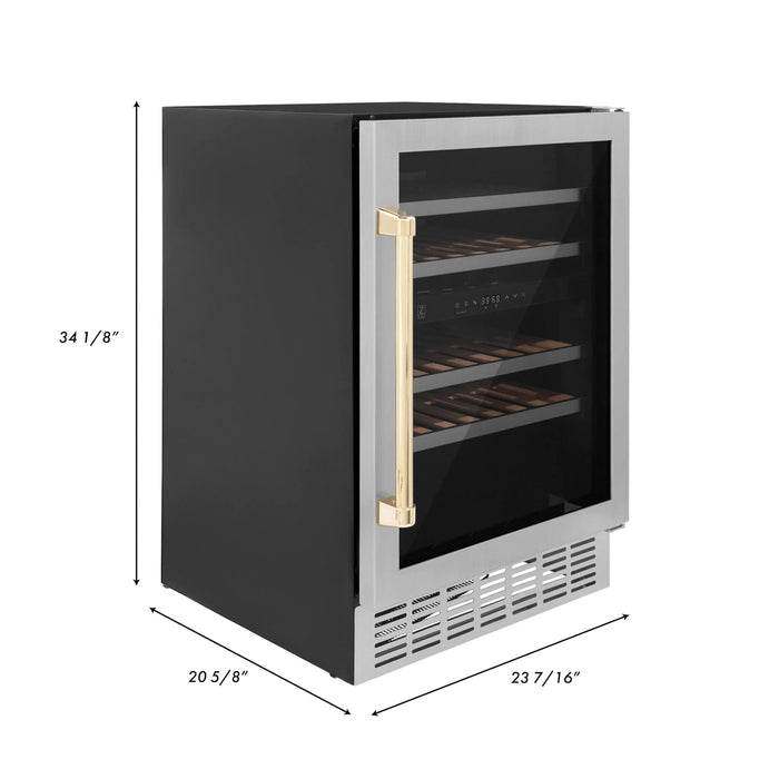 ZLINE 24" Autograph Edition Dual Zone 44-Bottle Wine Cooler in Stainless Steel with Wood Shelf and Gold Accents RWVZ-UD-24-G