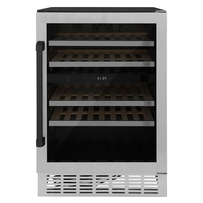 ZLINE 24" Autograph Edition Dual Zone 44-Bottle Wine Cooler in Stainless Steel with Wood Shelf and Gold Accents RWVZ-UD-24-G