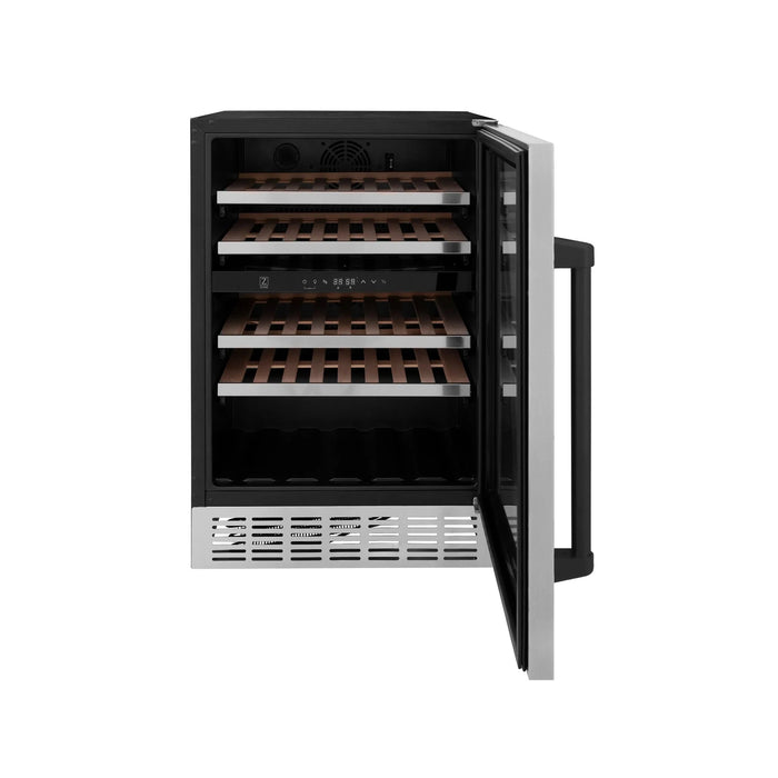 ZLINE 24" Autograph Edition Dual Zone 44-Bottle Wine Cooler in Stainless Steel with Wood Shelf and Matte Black Accents RWVZ-UD-24-MB