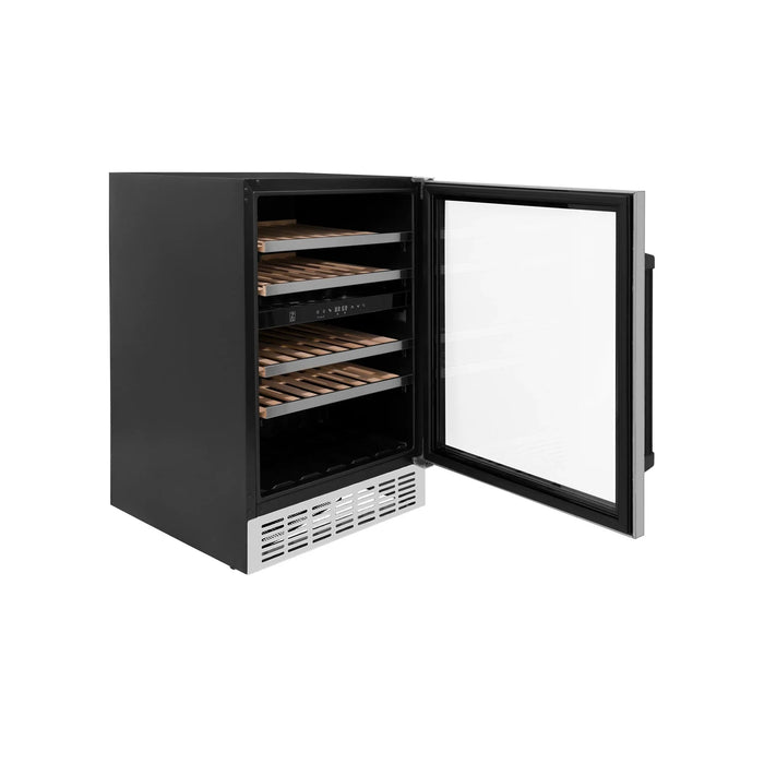 ZLINE 24" Autograph Edition Dual Zone 44-Bottle Wine Cooler in Stainless Steel with Wood Shelf and Matte Black Accents RWVZ-UD-24-MB