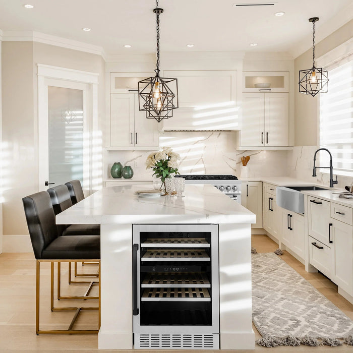 ZLINE 24" Autograph Edition Dual Zone 44-Bottle Wine Cooler in Stainless Steel with Wood Shelf and Matte Black Accents RWVZ-UD-24-MB