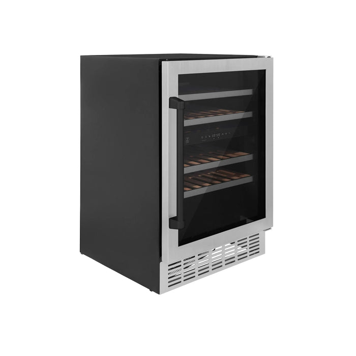 ZLINE 24" Autograph Edition Dual Zone 44-Bottle Wine Cooler in Stainless Steel with Wood Shelf and Matte Black Accents RWVZ-UD-24-MB