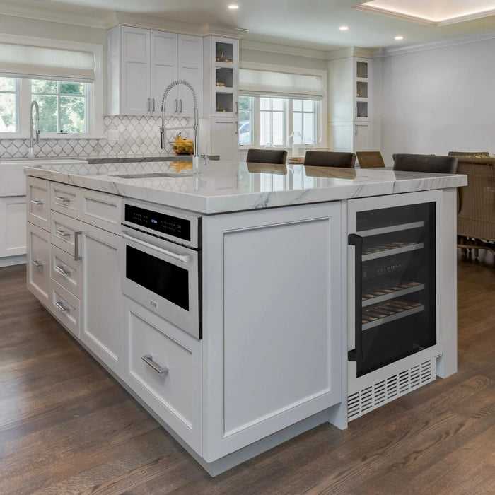 ZLINE 24" Autograph Edition Dual Zone 44-Bottle Wine Cooler in Stainless Steel with Wood Shelf and Matte Black Accents RWVZ-UD-24-MB