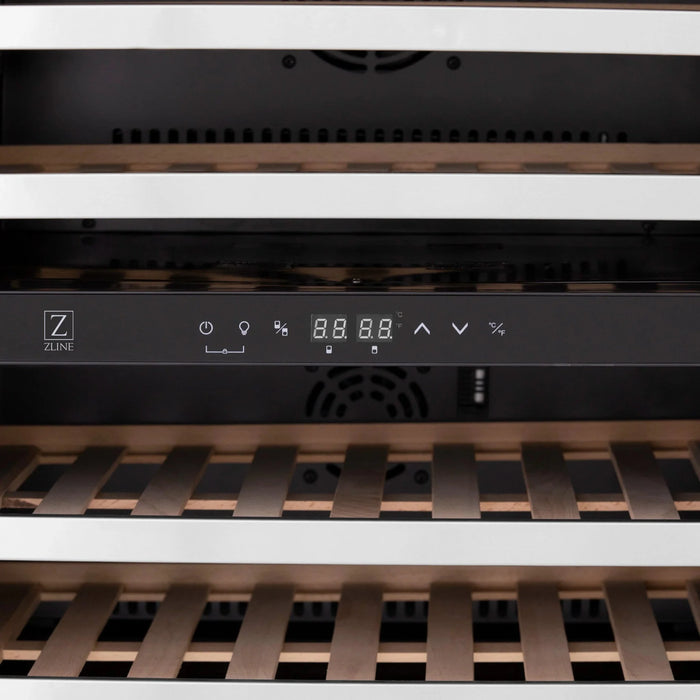 ZLINE 24" Autograph Edition Dual Zone 44-Bottle Wine Cooler in Stainless Steel with Wood Shelf and Matte Black Accents RWVZ-UD-24-MB