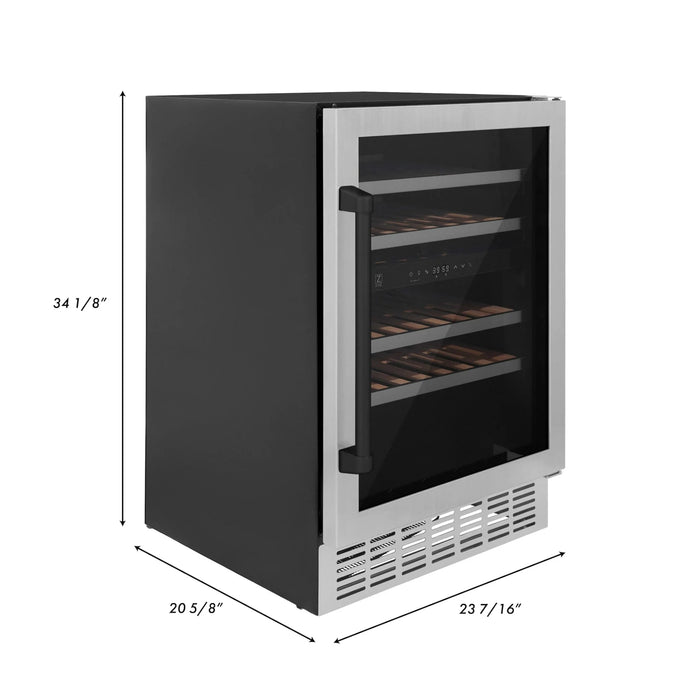 ZLINE 24" Autograph Edition Dual Zone 44-Bottle Wine Cooler in Stainless Steel with Wood Shelf and Matte Black Accents RWVZ-UD-24-MB