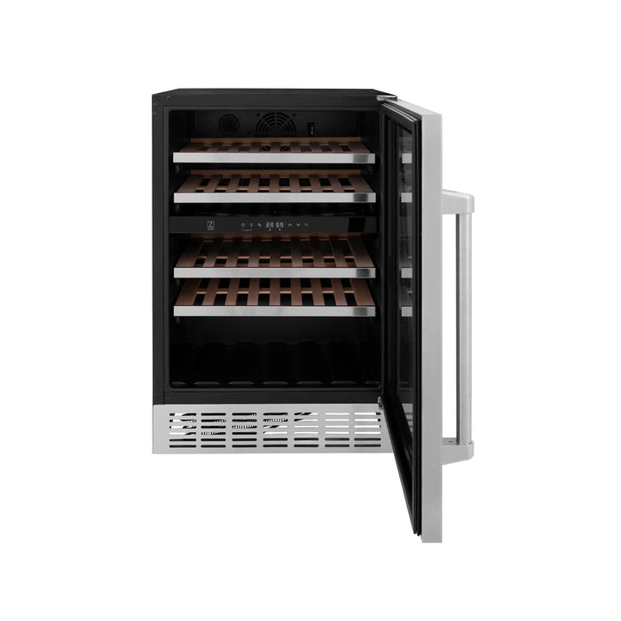 ZLINE 24" Dual Zone 44-Bottle Wine Cooler in Stainless Steel with Wood Shelf RWV-UD-24