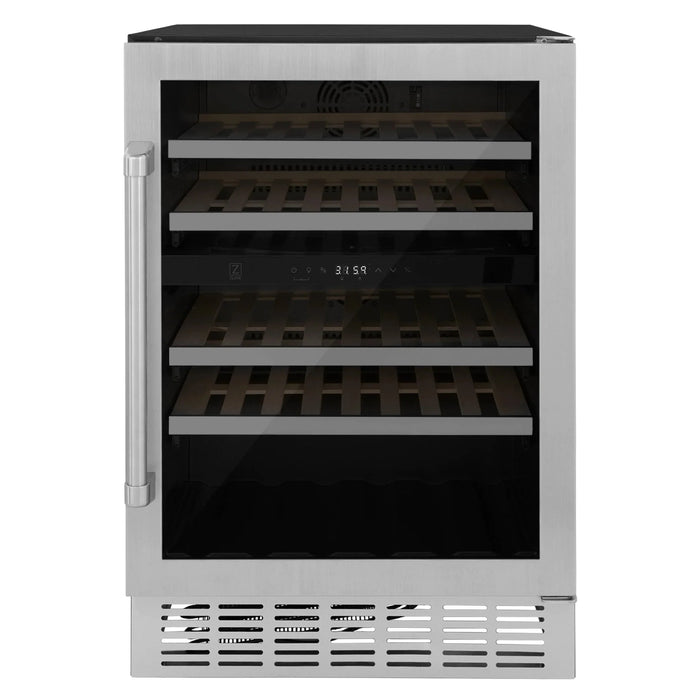 ZLINE 24" Dual Zone 44-Bottle Wine Cooler in Stainless Steel with Wood Shelf RWV-UD-24