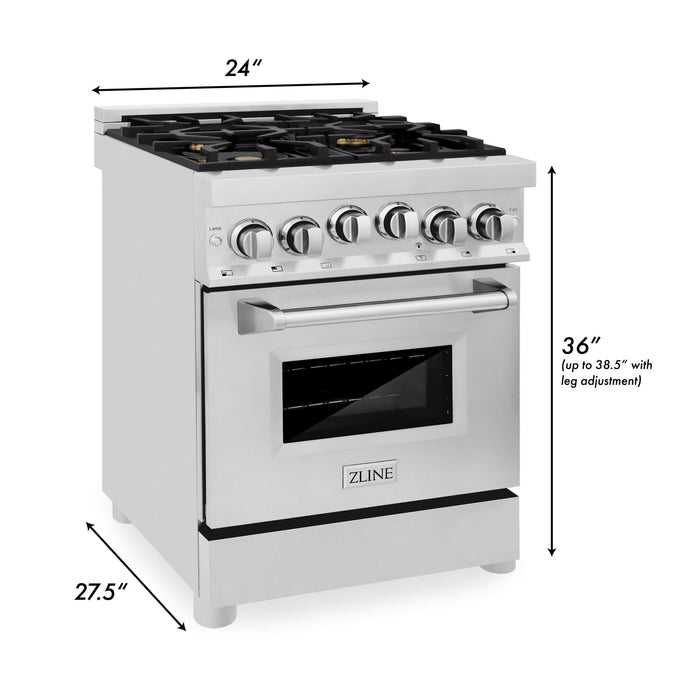 ZLINE 24" Gas On Gas Range, Stainless Steel, Brass Burners, RG-BR-24