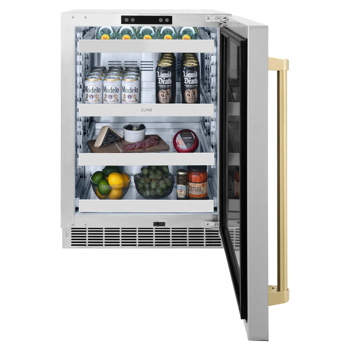 ZLINE 24 in. Touchstone Beverage Fridge, Solid Stainless Door, Champagne Bronze Handle RBSOZ-ST-24-CB