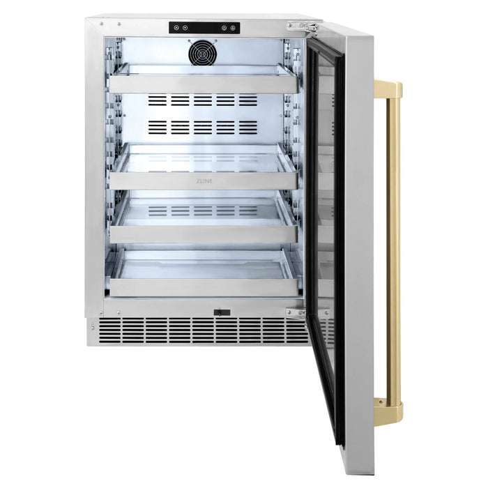 ZLINE 24 in. Touchstone Beverage Fridge, Solid Stainless Door, Champagne Bronze Handle RBSOZ-ST-24-CB