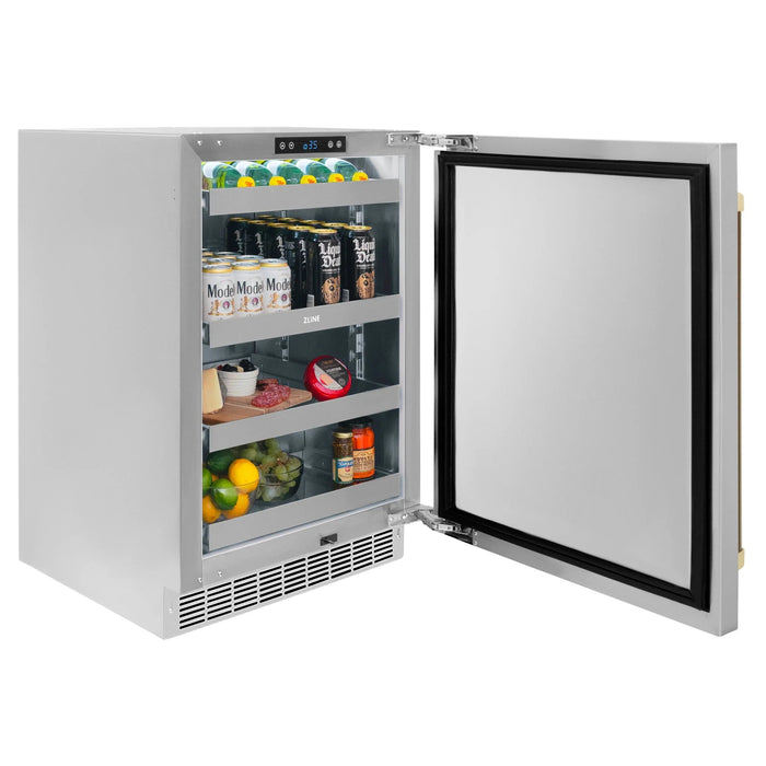 ZLINE 24 in. Touchstone Beverage Fridge, Solid Stainless Door, Champagne Bronze Handle RBSOZ-ST-24-CB