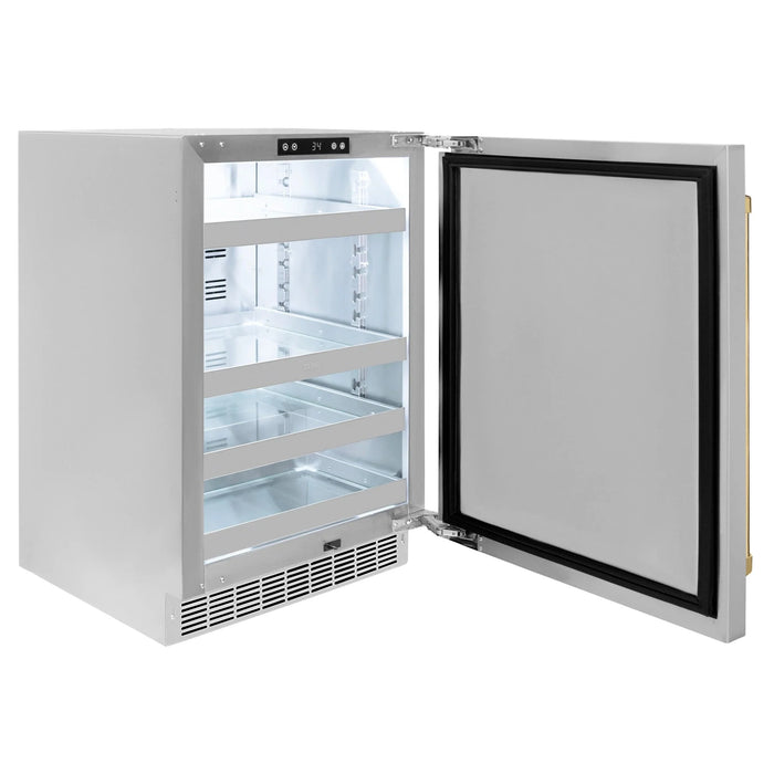 ZLINE 24 in. Touchstone Beverage Fridge, Solid Stainless Door, Polished Gold Handle RBSOZ-ST-24-G