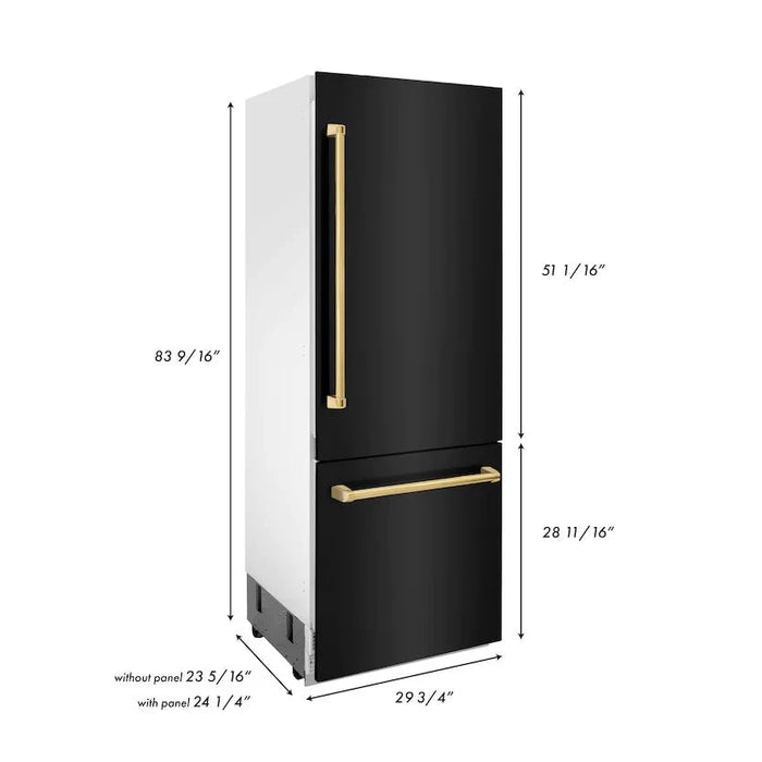 ZLINE 30" Autograph 16.1 cu. ft. 2-Door Bottom Freezer Fridge Water/Ice Dispenser Black Stainless Steel Gold Accents RBIVZ-BS-30-G
