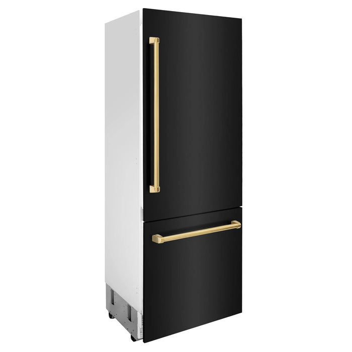 ZLINE 30" Autograph 16.1 cu. ft. 2-Door Bottom Freezer Fridge Water/Ice Dispenser Black Stainless Steel Gold Accents RBIVZ-BS-30-G