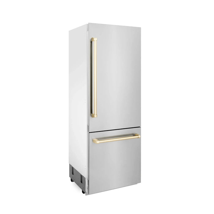 ZLINE 30” Autograph 16.1 cu. ft. 2-Door Bottom Freezer Fridge Water/Ice Dispenser Stainless Steel Gold Accents RBIVZ-304-30-G