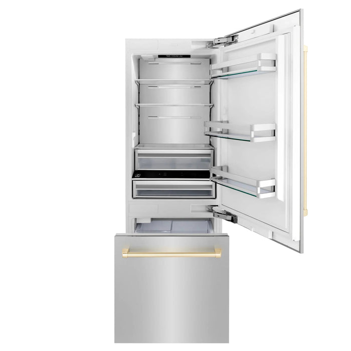 ZLINE 30” Autograph 16.1 cu. ft. 2-Door Bottom Freezer Fridge Water/Ice Dispenser Stainless Steel Gold Accents RBIVZ-304-30-G