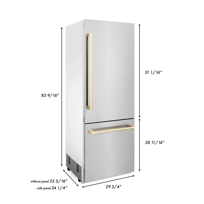 ZLINE 30” Autograph 16.1 cu. ft. 2-Door Bottom Freezer Fridge Water/Ice Dispenser Stainless Steel Gold Accents RBIVZ-304-30-G