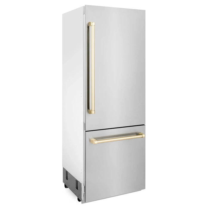 ZLINE 30” Autograph 16.1 cu. ft. 2-Door Bottom Freezer Fridge Water/Ice Dispenser Stainless Steel Gold Accents RBIVZ-304-30-G