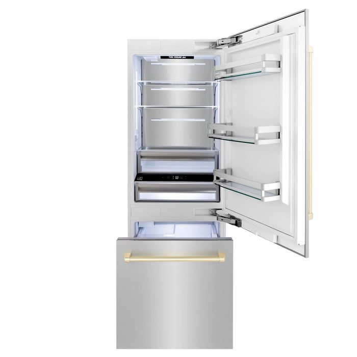 ZLINE 30” Autograph 16.1 cu. ft. 2-Door Bottom Freezer Fridge Water/Ice Dispenser Stainless Steel Gold Accents RBIVZ-304-30-G