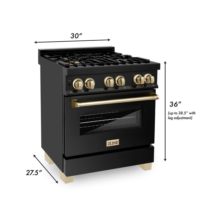 ZLINE 30" Autograph Dual Fuel Range, Black Stainless, Gold, RABZ-30-G