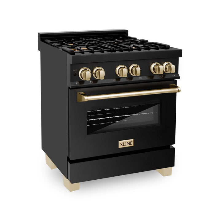 ZLINE 30" Autograph Dual Fuel Range, Black Stainless, Gold, RABZ-30-G